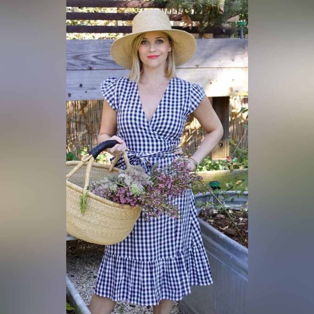 Draper James Blue White Gingham Flutter Wrap Midi Dress